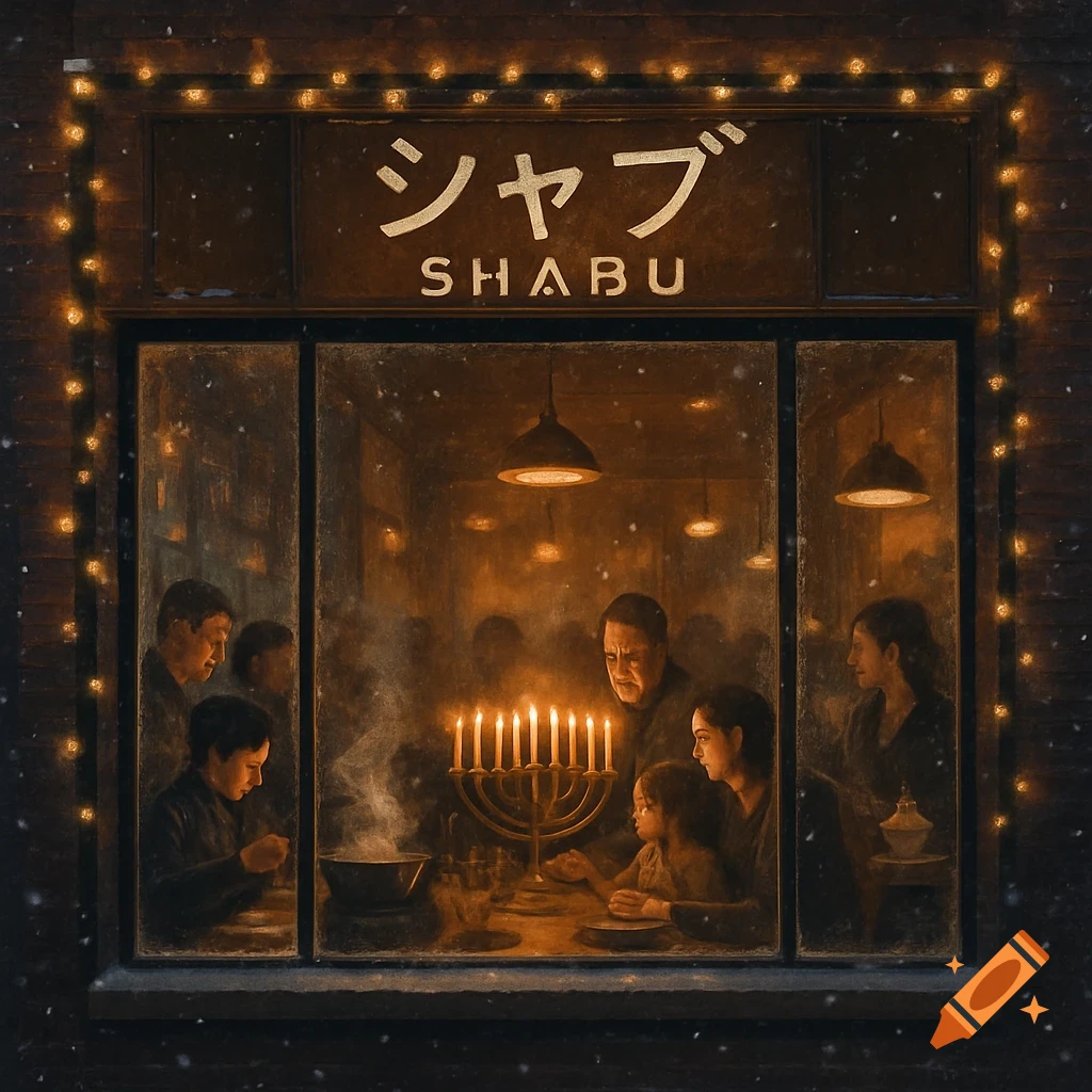 A realistic illustration looking into a Japanese shabu restaurant window at night, where a family lights a menorah during winter.