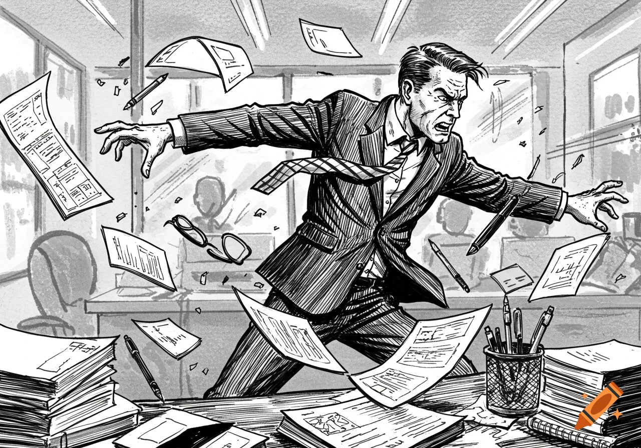A man in a suit angrily sweeps papers and office supplies off his desk in a black and white comic book style illustration.