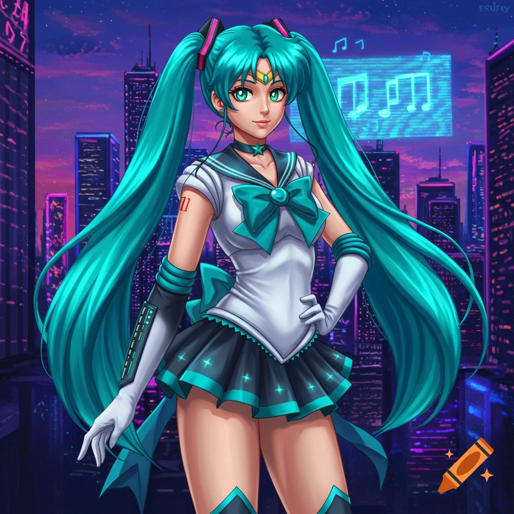 An anime character with long turquoise pigtails in a Sailor Moon-style uniform with Hatsune Miku elements stands against a neon cyberpunk city background.