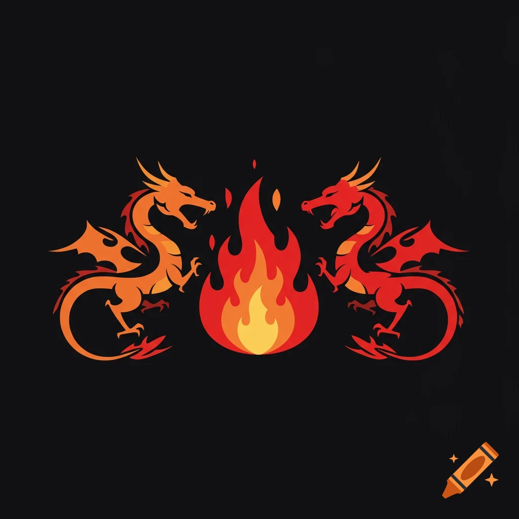 Two stylized orange and red dragons facing each other with a vibrant fire in the center, on a black background.
