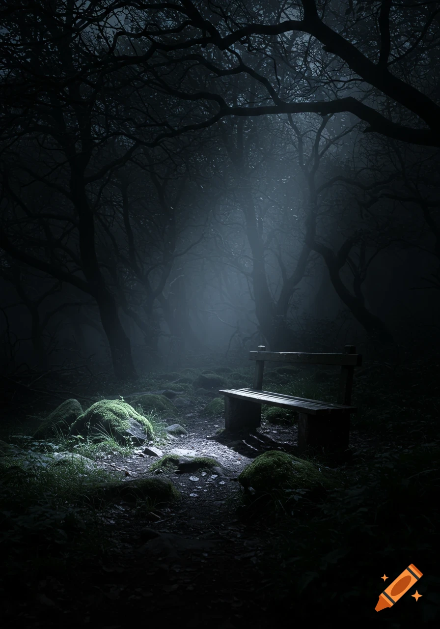 A dark, misty forest at night with a wooden bench on a mossy path, illuminated by a beam of light.