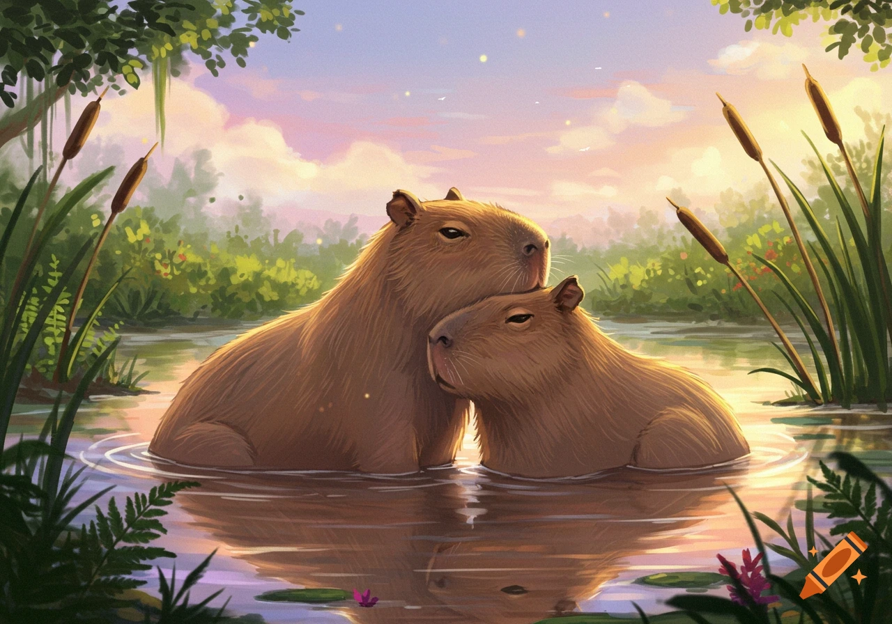 Two capybaras affectionately cuddling in a pond at sunset, surrounded by lush green foliage and cattails, in a digital art style.