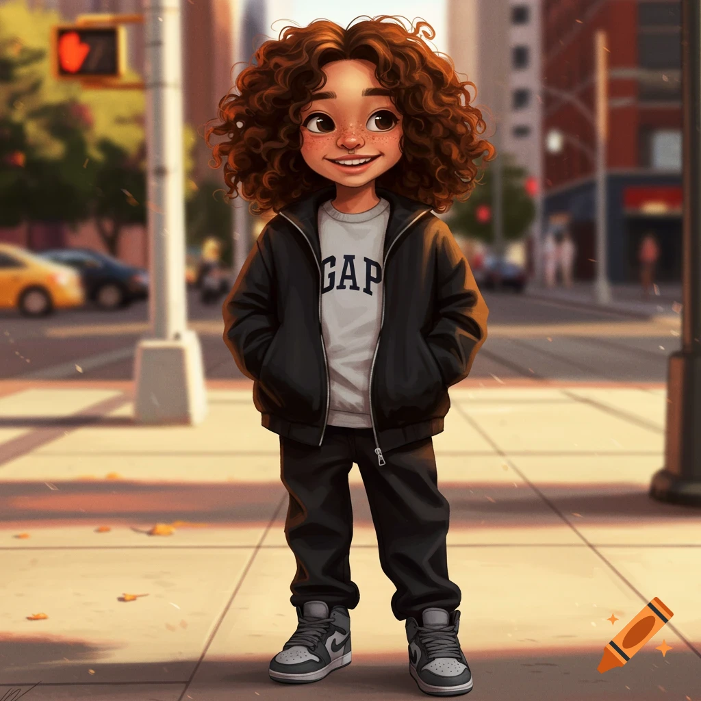 A cartoon child with curly brown hair and freckles smiles, wearing a black jacket, white 'GAP' shirt, black pants, and grey Jordan shoes on a sunny city sidewalk.