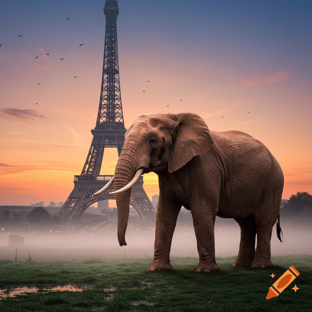 A realistic elephant stands on misty grass in front of the Eiffel Tower at sunrise, with birds flying in the orange and blue sky.