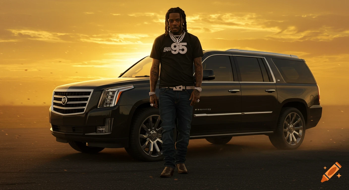 A man wearing a diamond chain and cowboy boots stands in front of a black SUV at sunset, with a golden sky.