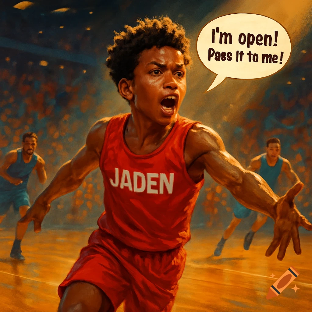 A young boy in a red basketball jersey with "JADEN" on it shouts "I'm open! Pass it to me!" on a basketball court.