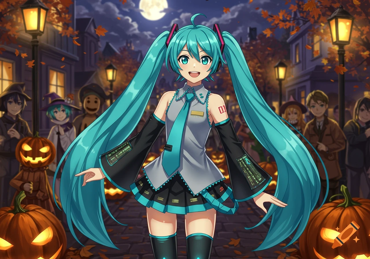 Hatsune Miku in a Halloween costume with long turquoise pigtails, stands on a street with pumpkins and lampposts under a full moon.