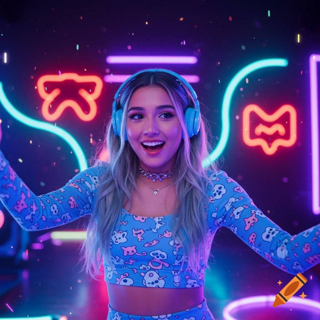 A young woman wearing blue headphones and a patterned crop top, smiling in a vibrant neon-lit room with abstract light shapes.
