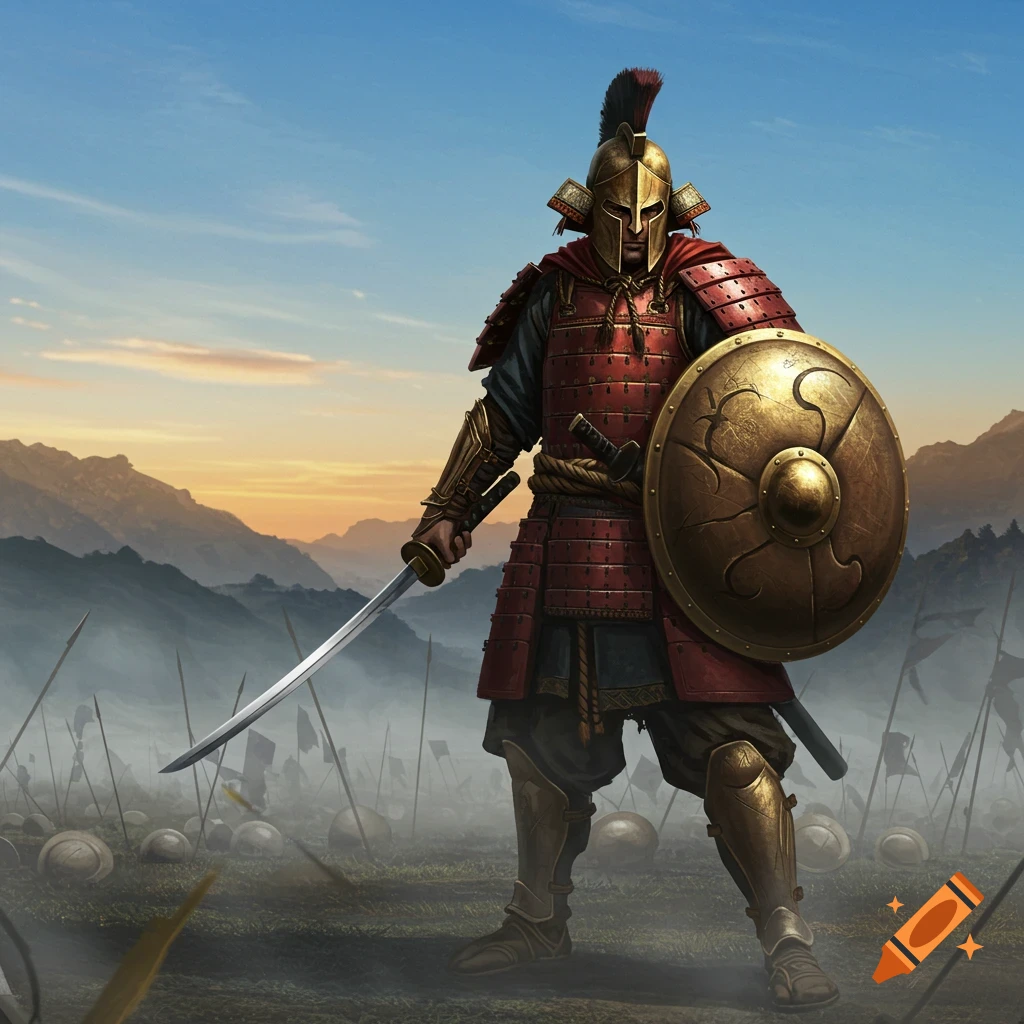 A warrior in red samurai armor and a golden Spartan helmet holds a katana and shield on a battlefield at sunset, digital art.