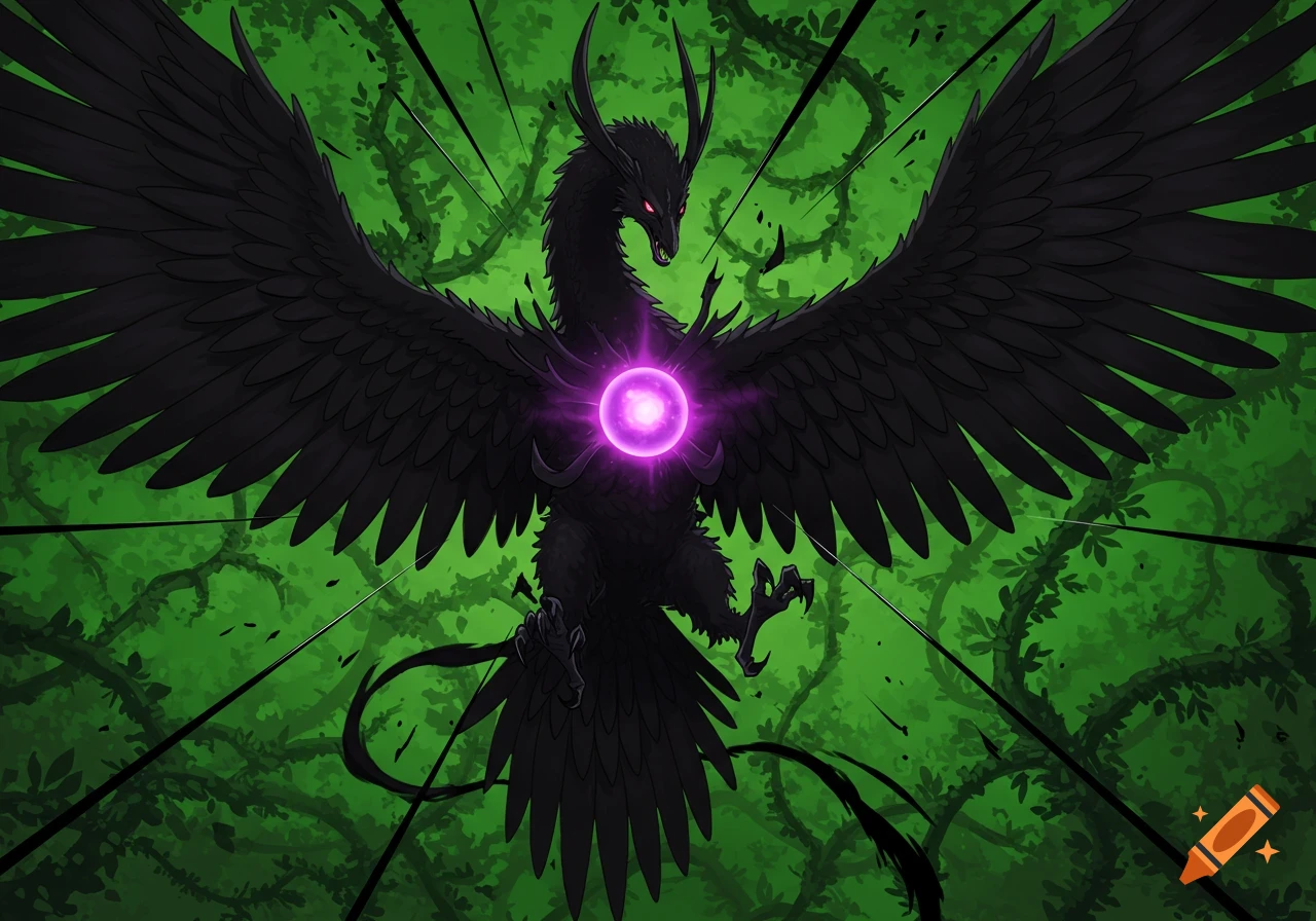 A black feathered, dragon-like Suzaku with a glowing purple orb on its chest flaps its wings, emitting black energy against a green vine background in an anime style.