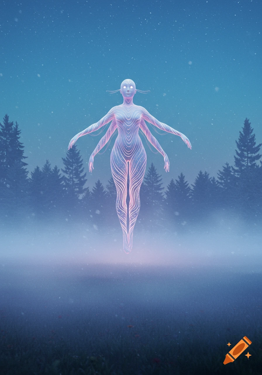 An ethereal, glowing four-armed humanoid creature floats in a misty, snowy forest at night.