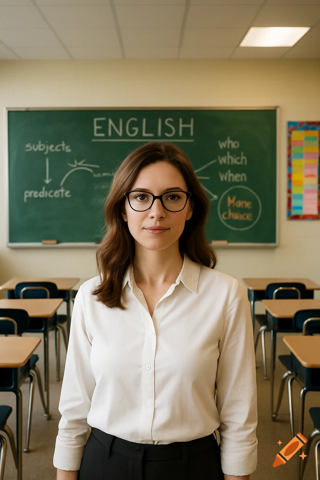 Photorealistic portrait of a female English teacher in a white blouse and glasses, standing in a classroom with a blackboard.
