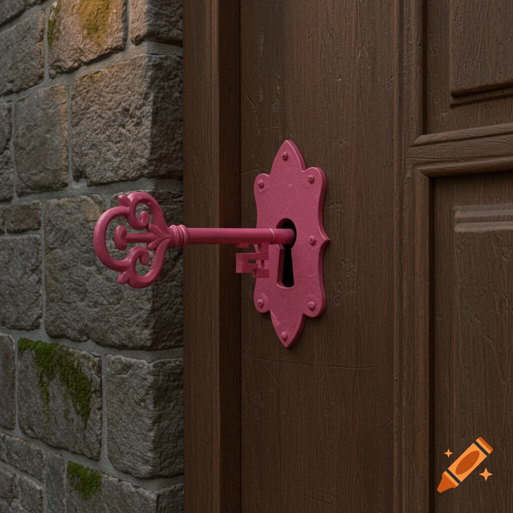 A pink ornate key inserted into a pink lock on a brown wooden door, next to a mossy stone wall.