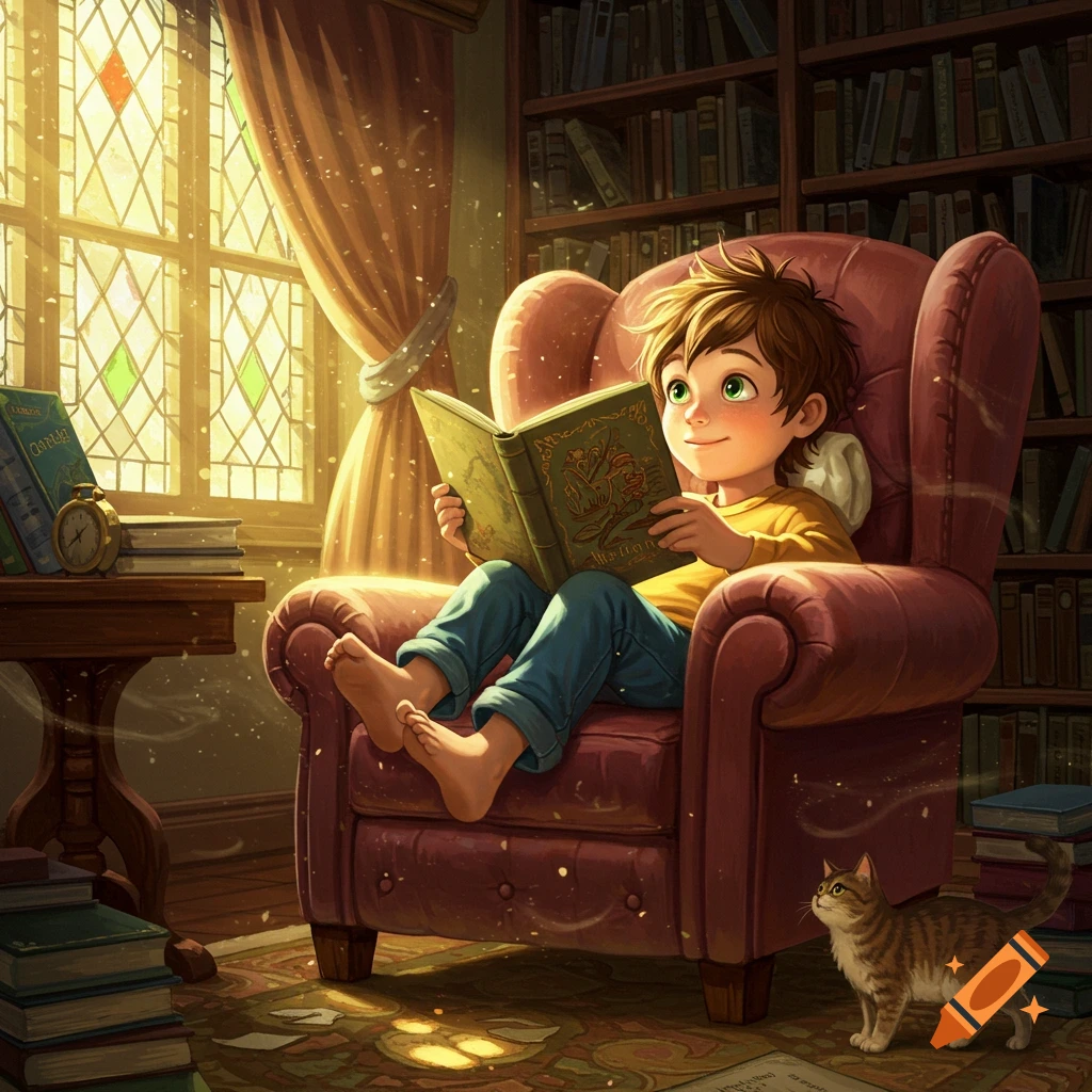 An illustrated boy with green eyes sits barefoot in a red armchair, reading a book in a sunlit library with a cat.
