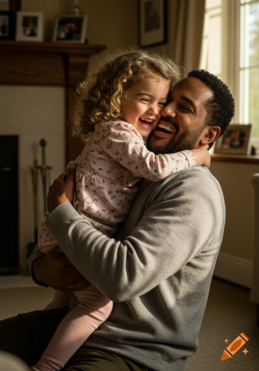 A man hugs and laughs with a young girl with curly hair, both smiling joyfully in a warm, sunlit room.