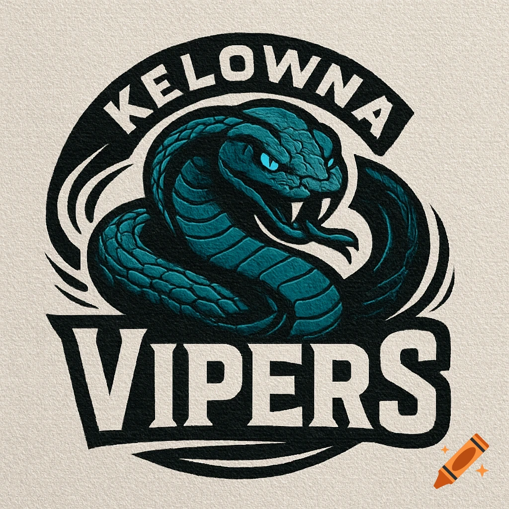 A teal and black hockey logo featuring a coiled viper with glowing blue eyes, with "KELOWNA" above and "VIPERS" below.