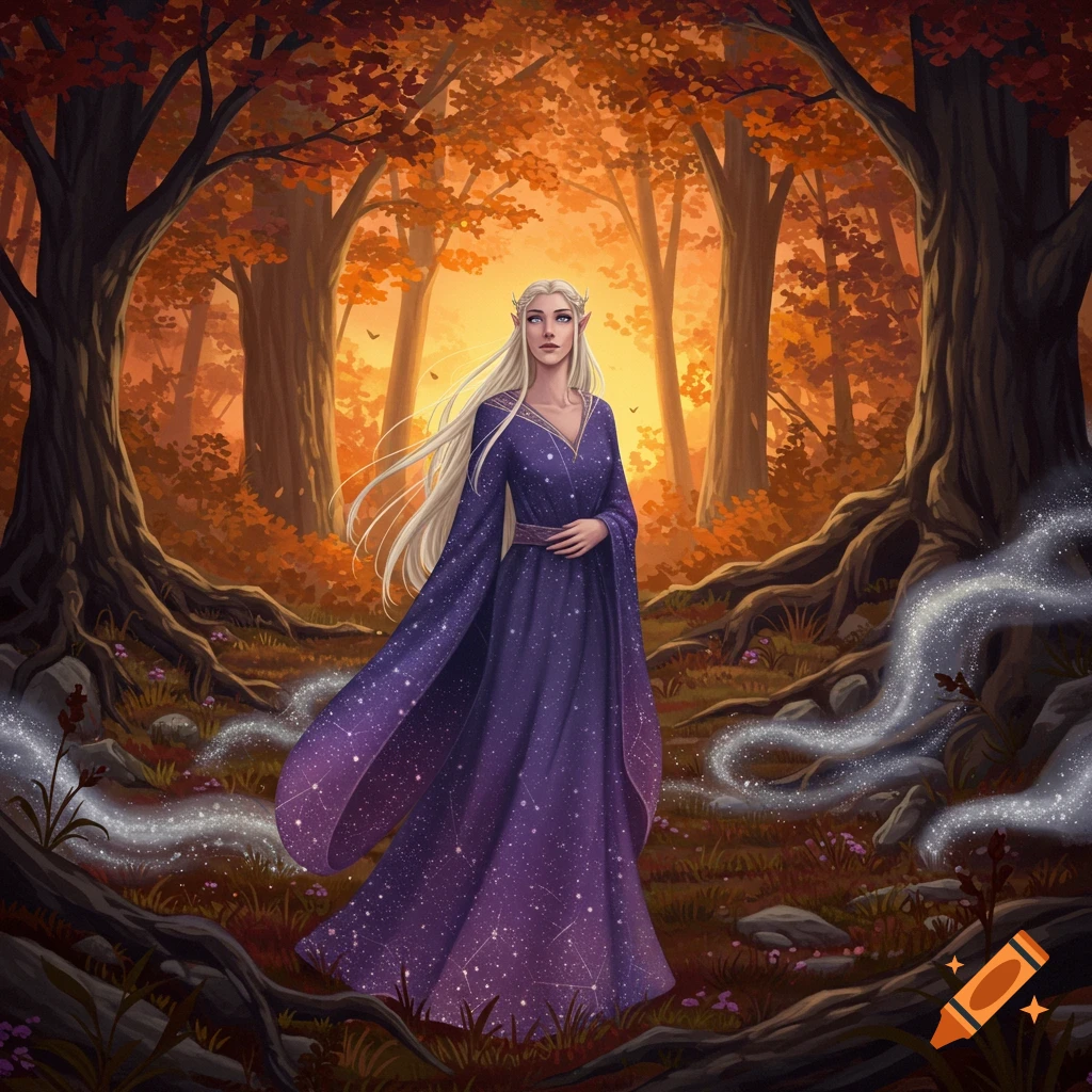 A blonde elf-like woman in a purple starry gown stands in an enchanted autumn forest with glowing magical trails.