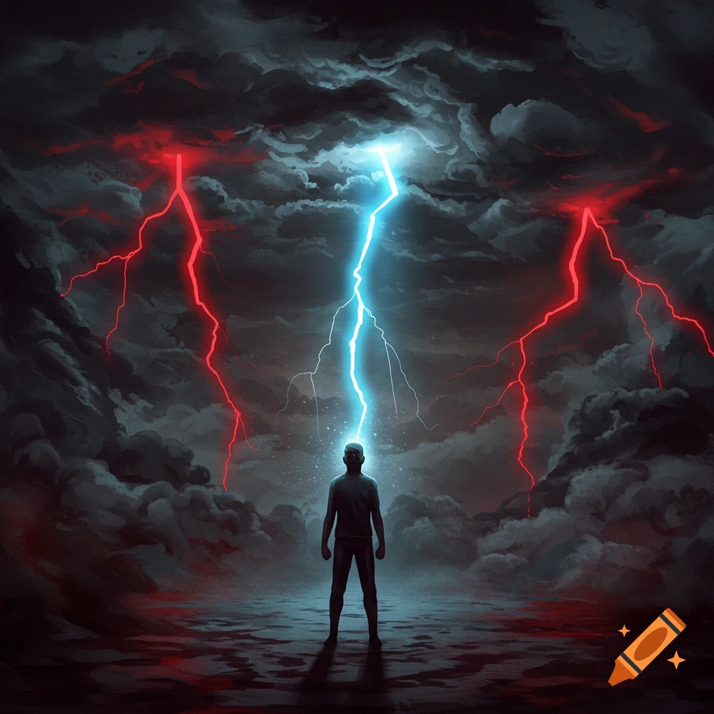 A silhouetted person stands in a stormy landscape as red and blue lightning bolts strike down from dark clouds, one hitting the person's head.