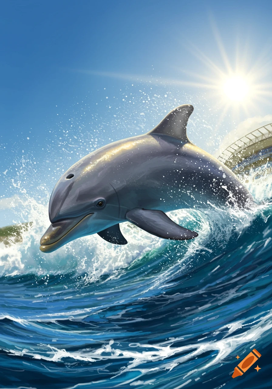 An illustration of a gray dolphin leaping out of a blue ocean wave under a bright sunny sky, with water splashing around it.