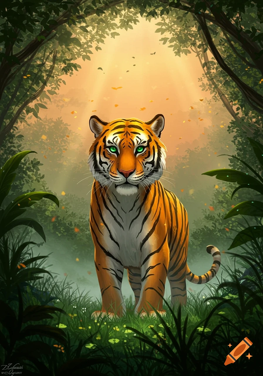 An illustrative depiction of a tiger with bright green eyes standing in a lush, sun-dappled jungle.
