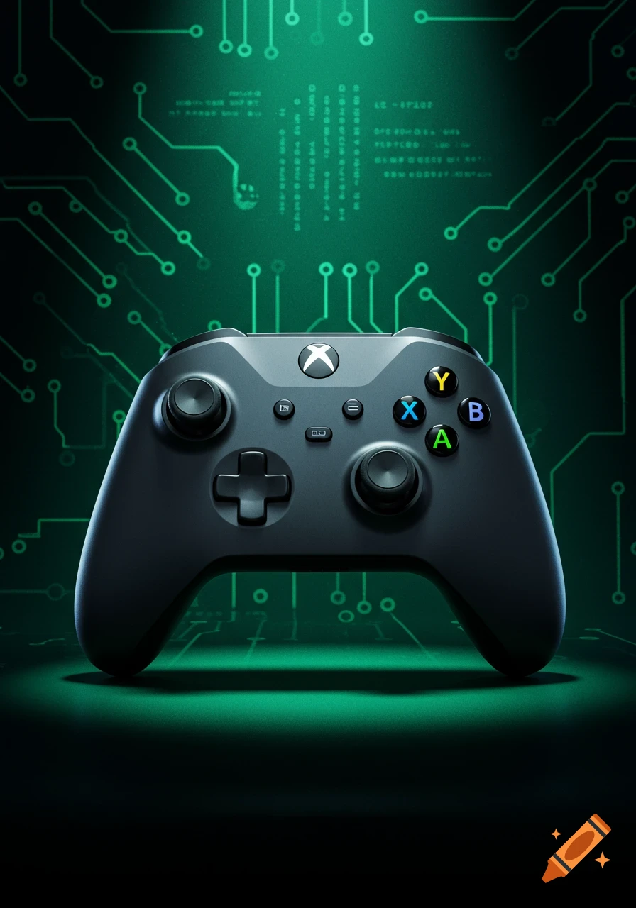A black Xbox controller is centered against a dark background with glowing green circuit board lines and digital code.