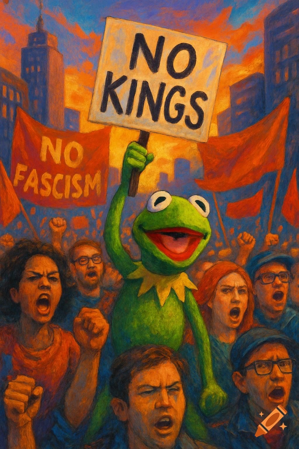 Kermit the Frog raises a 'NO KINGS' sign amidst a protesting crowd holding 'NO FASCISM' banners, in a vibrant, textured painting style.