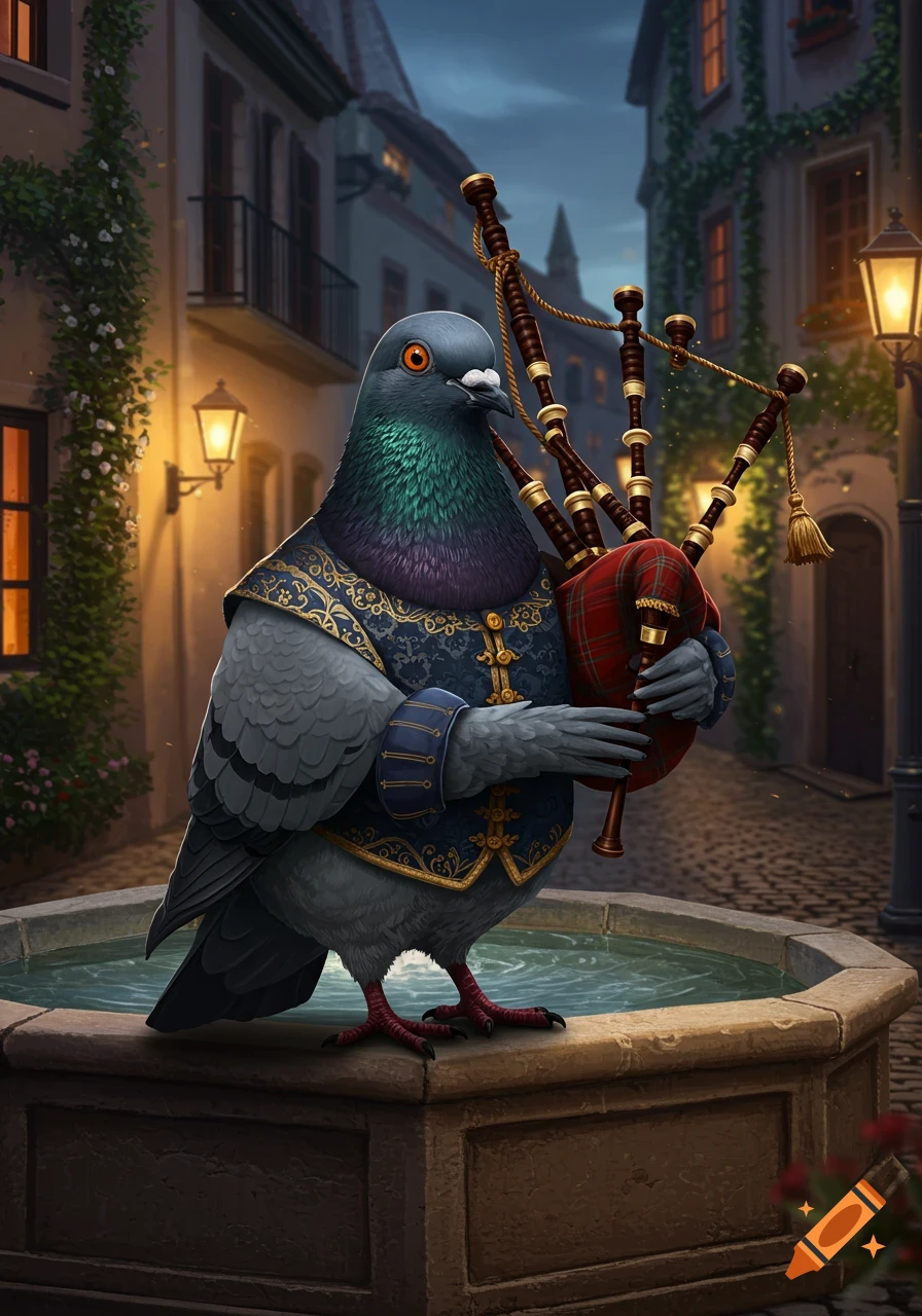 A pigeon with orange eyes, wearing a blue and gold doublet, stands on a stone fountain playing bagpipes on a cobbled street at dusk.