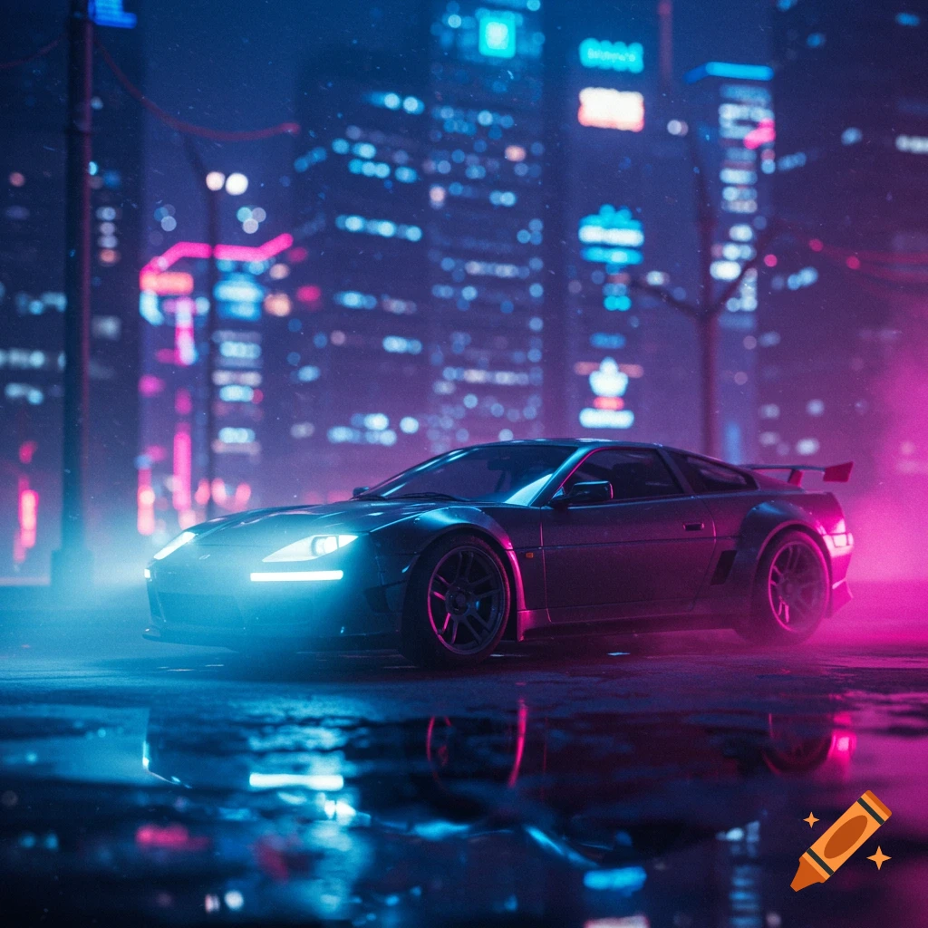 A futuristic black sports car with glowing blue headlights on a wet street in a neon-lit cyberpunk city at night.