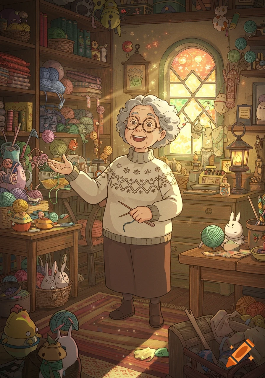 A joyful elderly woman with gray hair knitting in a warm, whimsical Studio Ghibli-style craft room filled with colorful yarn and magical elements.