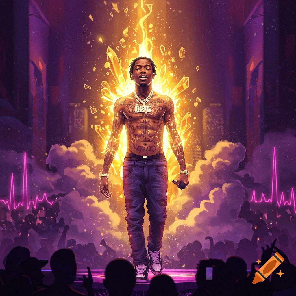 A muscular, heavily tattooed rapper, shirtless with gold chains, stands ...