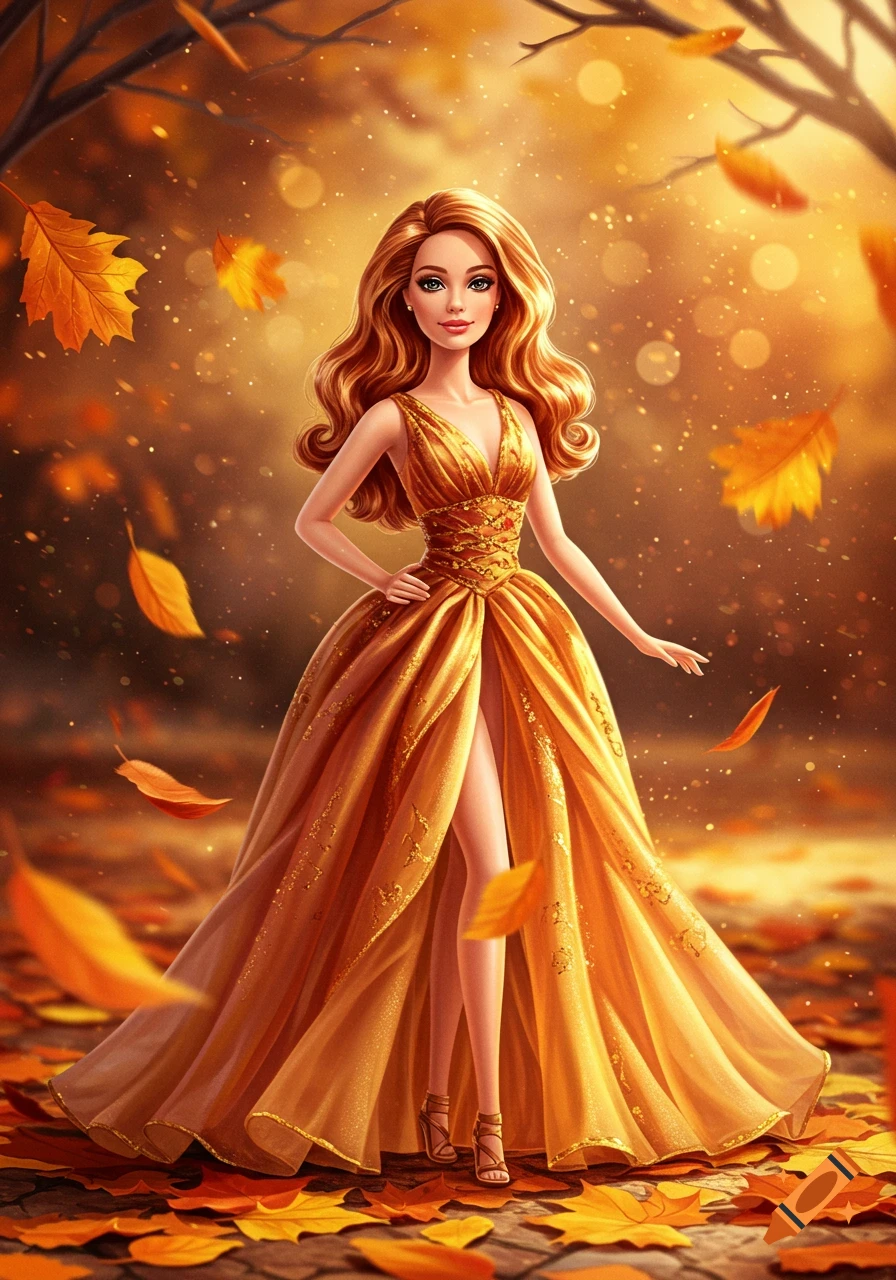 A Barbie doll in a golden autumn gown, standing among fallen leaves.