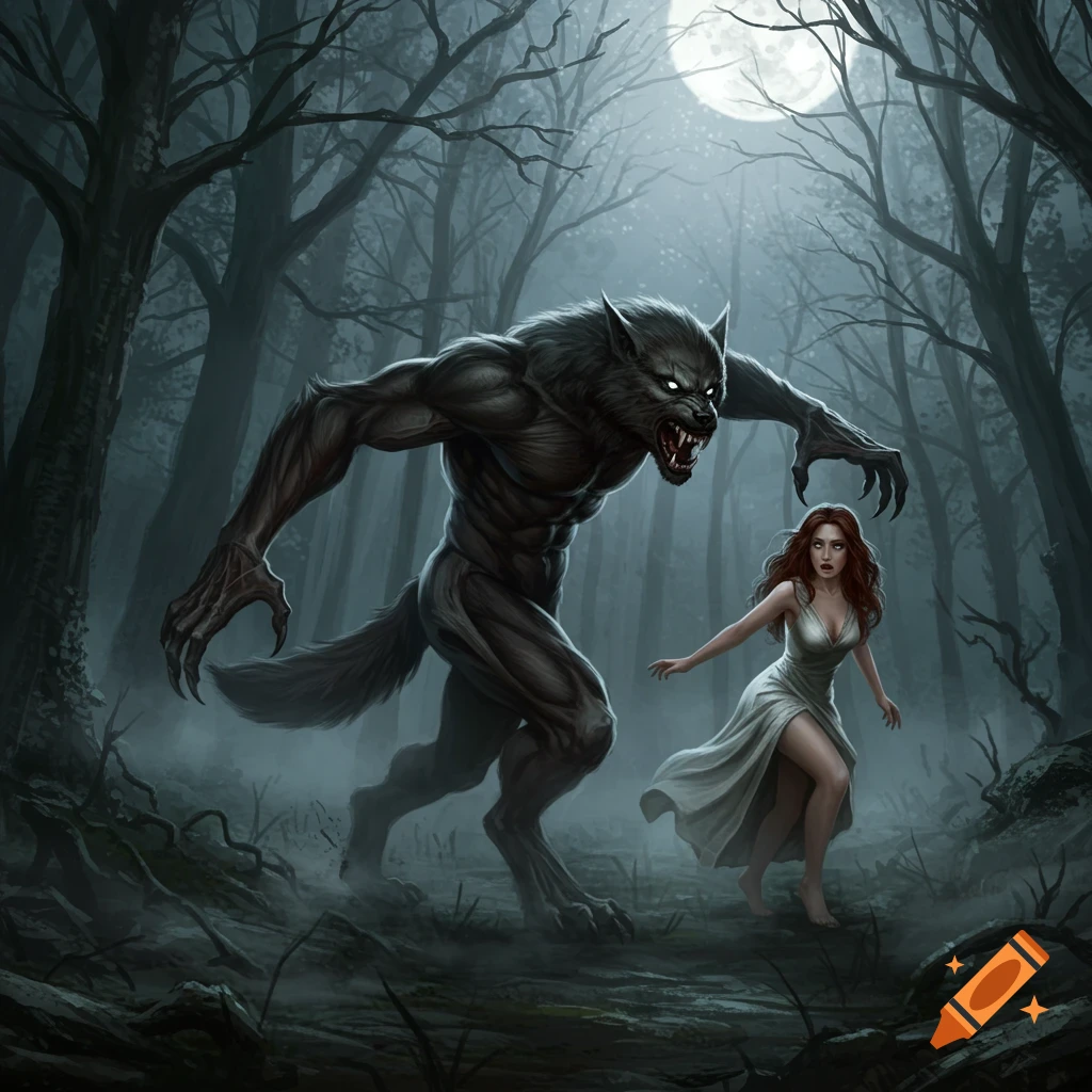 A snarling werewolf with glowing eyes chases a woman in a white dress through a dark, foggy forest under a full moon.