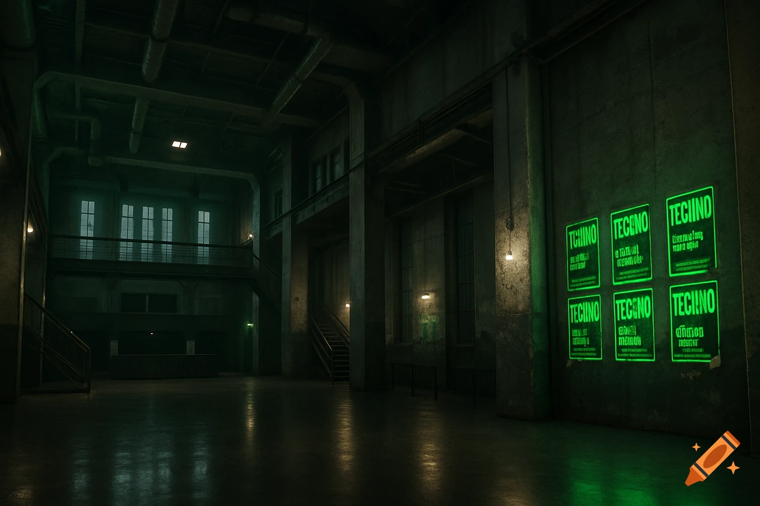 A dark, atmospheric industrial-style room with high concrete ceilings, visible pipes, and neon-green 'TECHNO' posters on the wall, reminiscent of a nightclub.