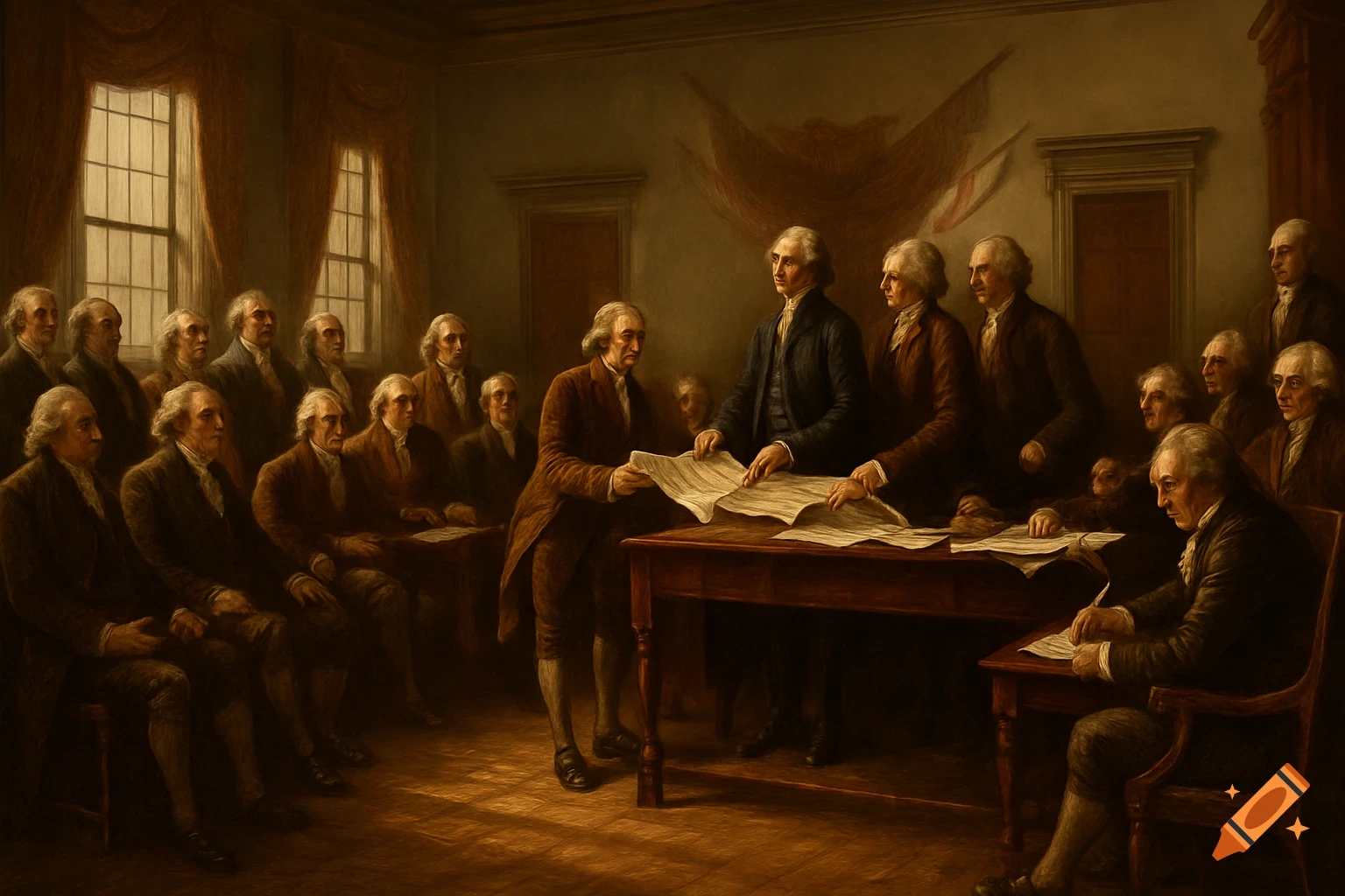 Historical painting of numerous men in period attire gathered in a room, with several standing around a table full of documents.