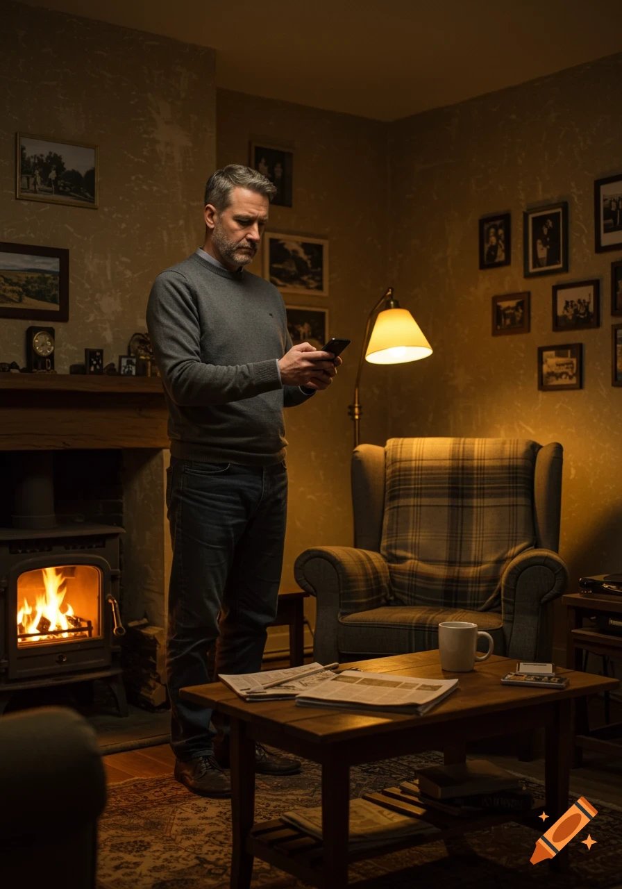 A man stands in a warm, dimly lit living room with a fireplace, looking at his smartphone.