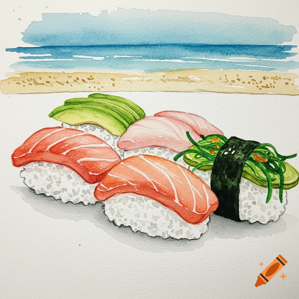 Watercolor painting of various sushi pieces including salmon, tuna, avocado, and seaweed salad with a beach and ocean in the background.