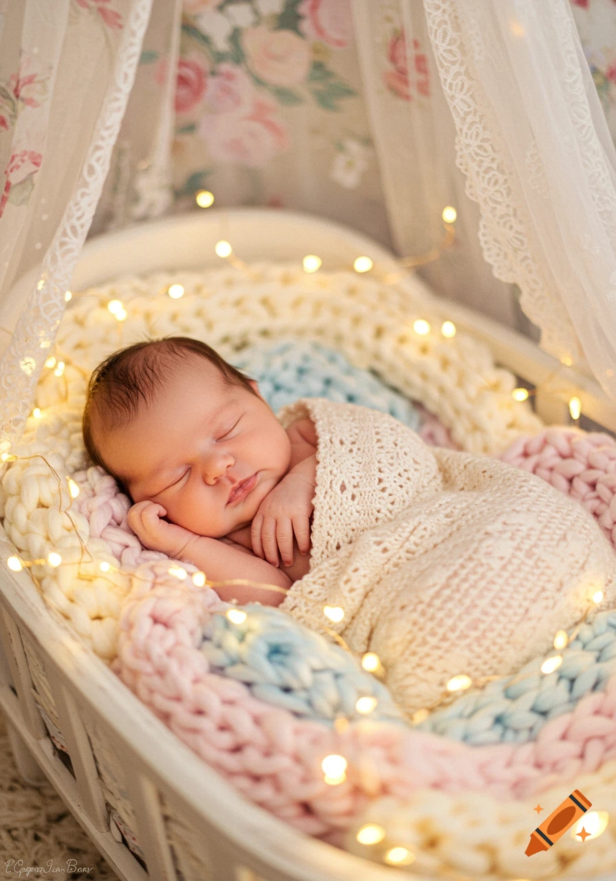A sleeping newborn baby swaddled in a cream blanket, surrounded by pastel knits and warm fairy lights in a cozy photorealistic style.