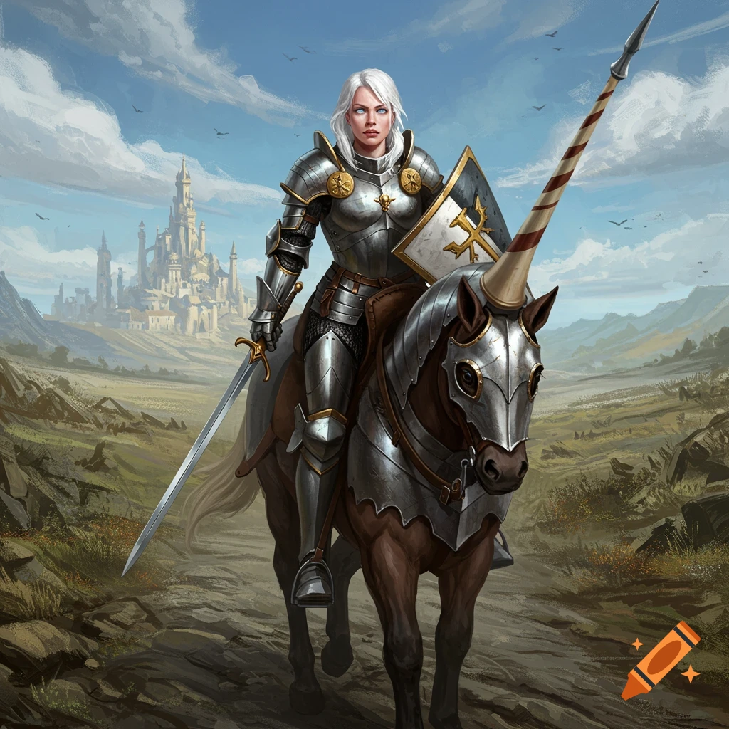 White-haired female knight in shining armor rides an armored unicorn, with sword and shield, towards a castle.