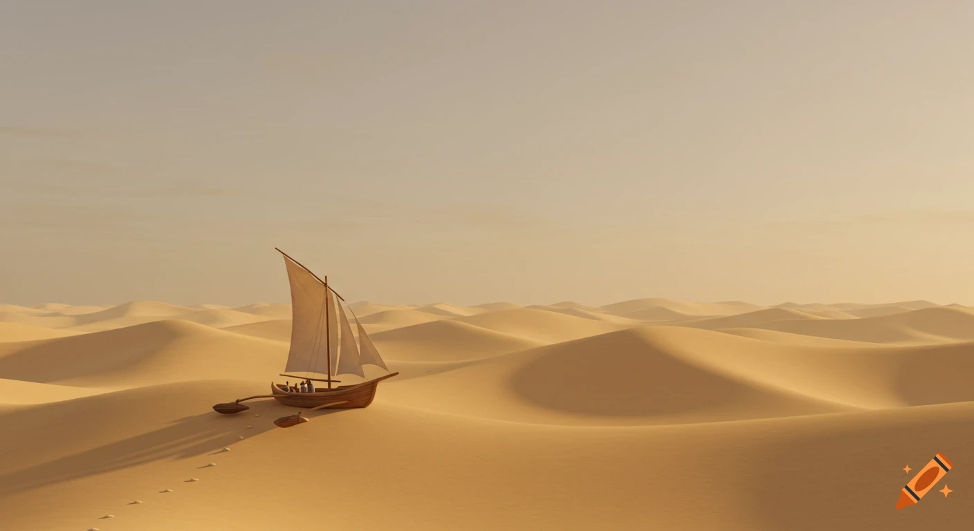 A small sailboat with a white sail sits on vast, rolling sand dunes under a clear, beige evening sky. Footprints lead away from the boat.