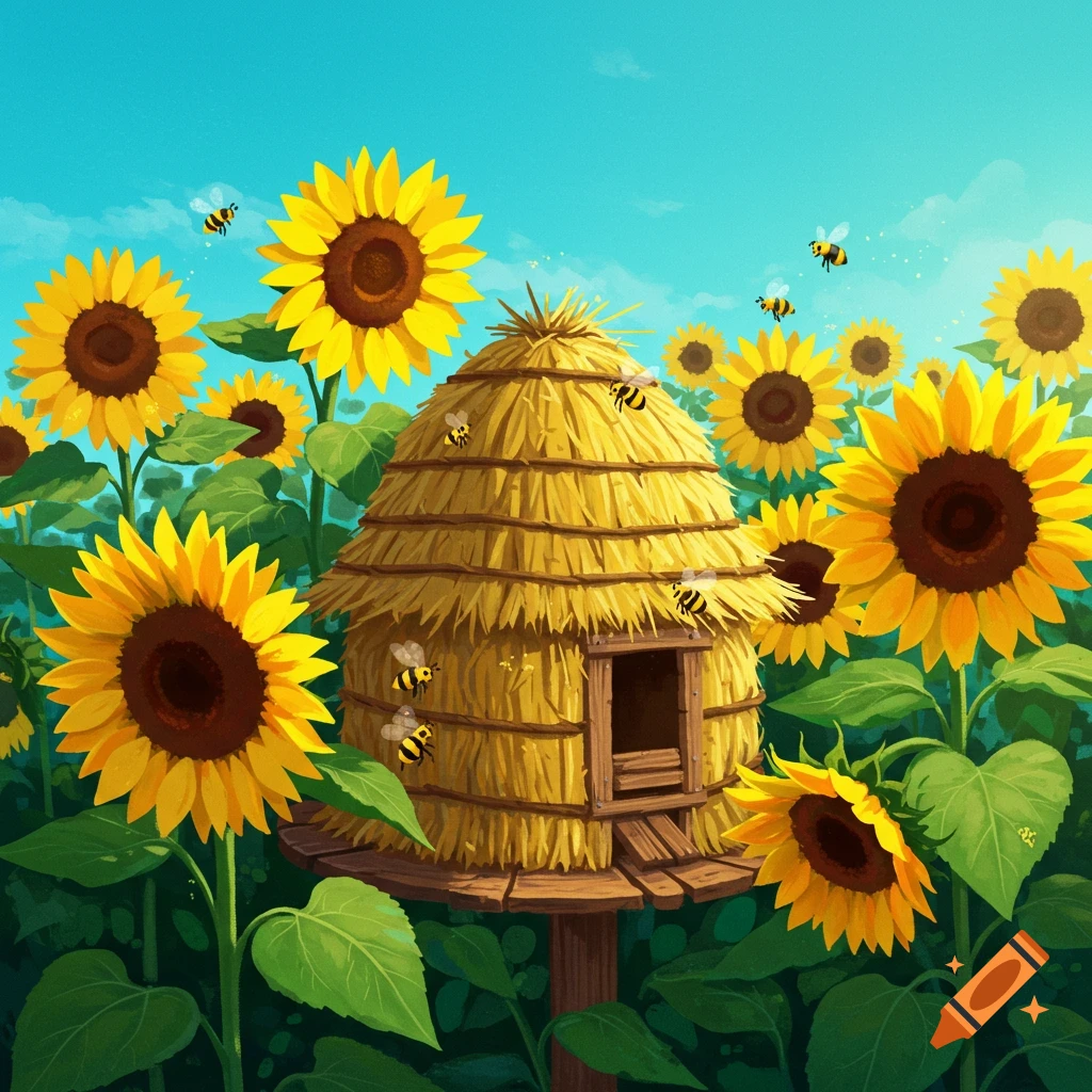 A vibrant illustration of a straw beehive surrounded by bright yellow sunflowers and busy bees under a blue sky.