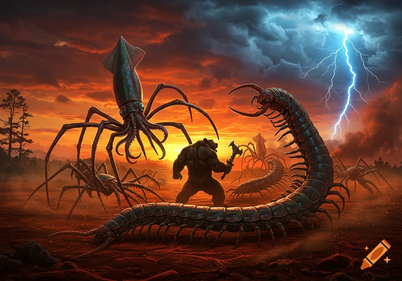 A muscular bear-man with an axe fights a huge centipede and several squid-like spiders under a dramatic red and stormy sky with lightning.
