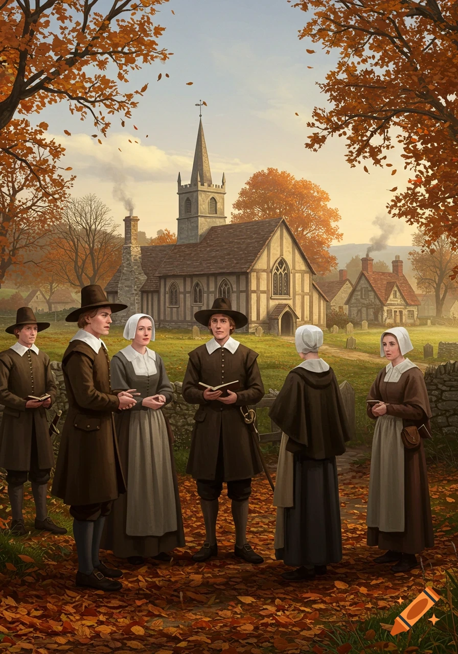 Group of Puritans in historical attire stand outside a church in an autumn village scene.