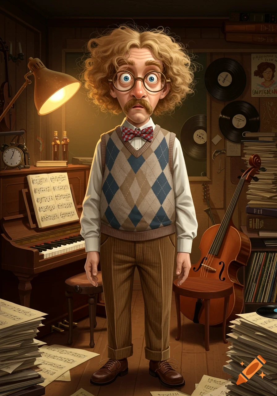 A nerdy music teacher with curly blonde hair, glasses, and a mustache, wearing an argyle vest, stands in a cluttered music room with instruments.