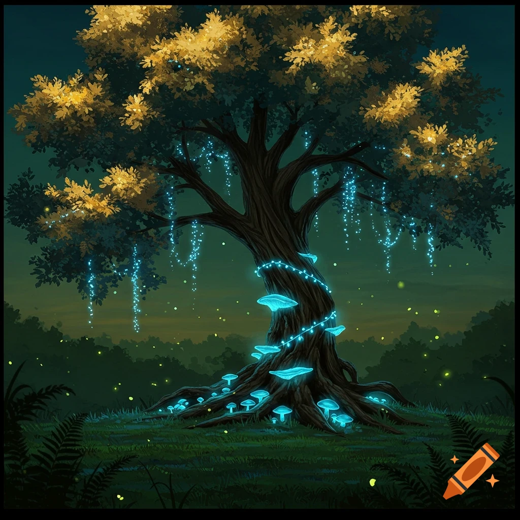 A magical illustration of an old tree with golden leaves, wrapped in blue fairy lights and surrounded by glowing mushrooms in a dark forest.