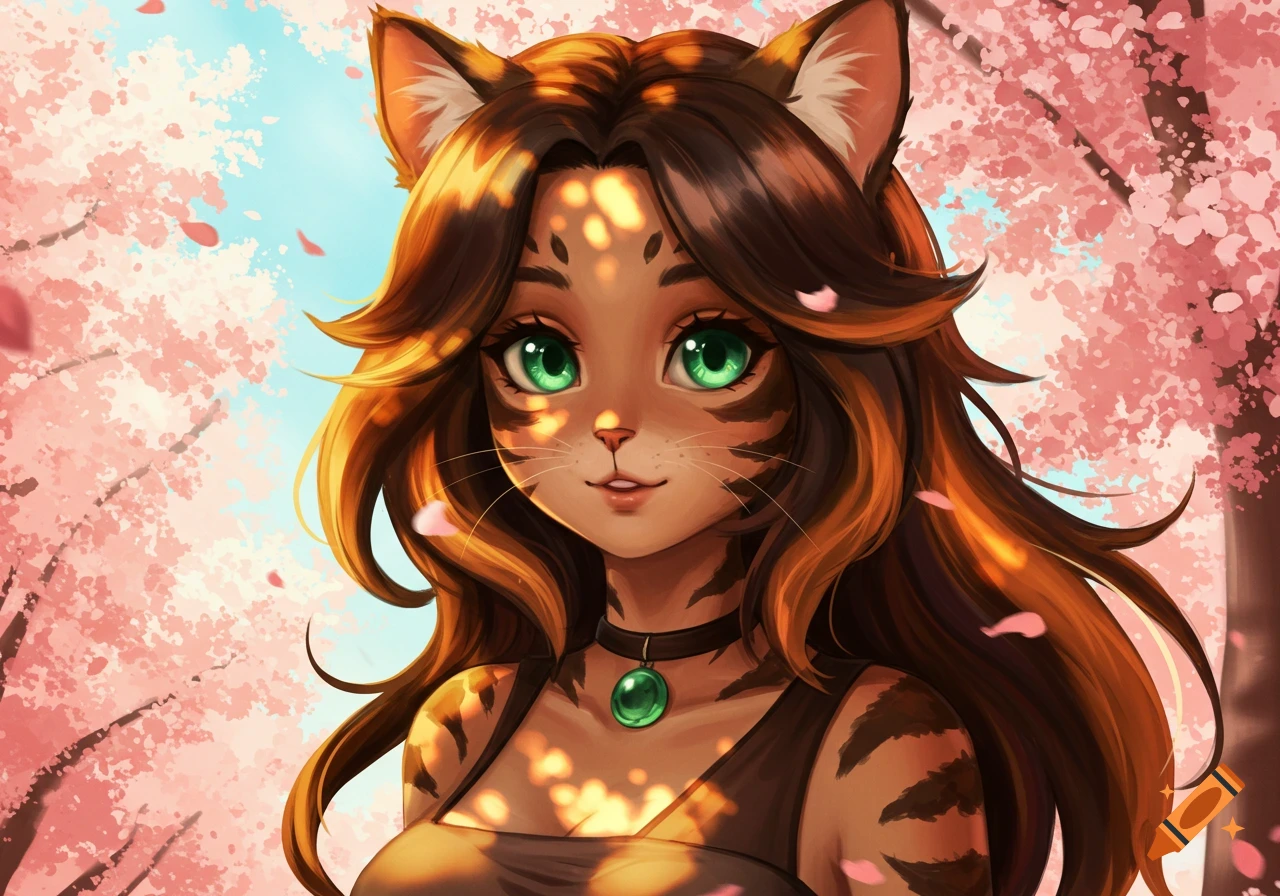 An anime illustration of a tortoiseshell cat girl with long brown hair, green eyes, and cat ears, surrounded by pink cherry blossoms.