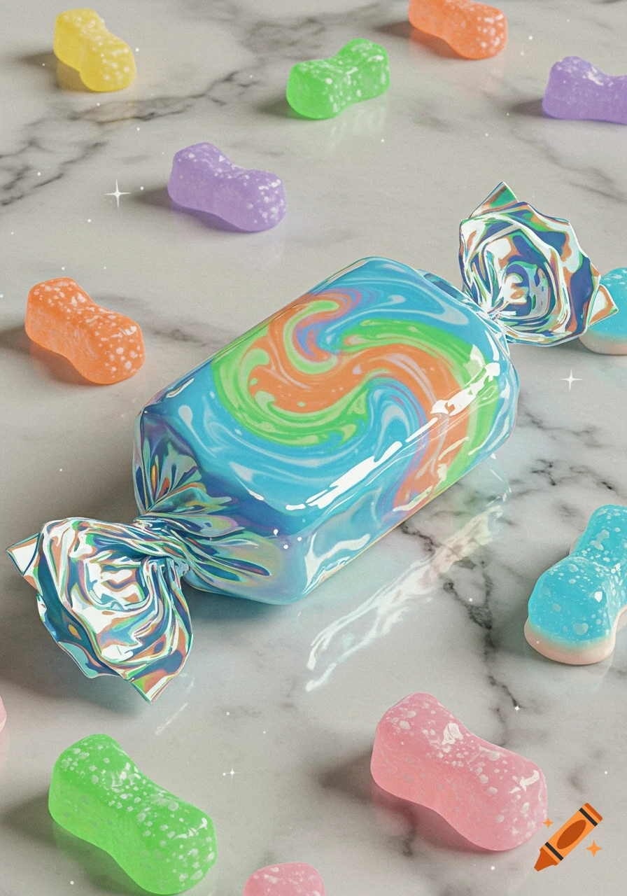 A vibrant candy bar with swirled blue, orange, and green patterns, surrounded by colorful gummy candies on a sparkling marble surface.