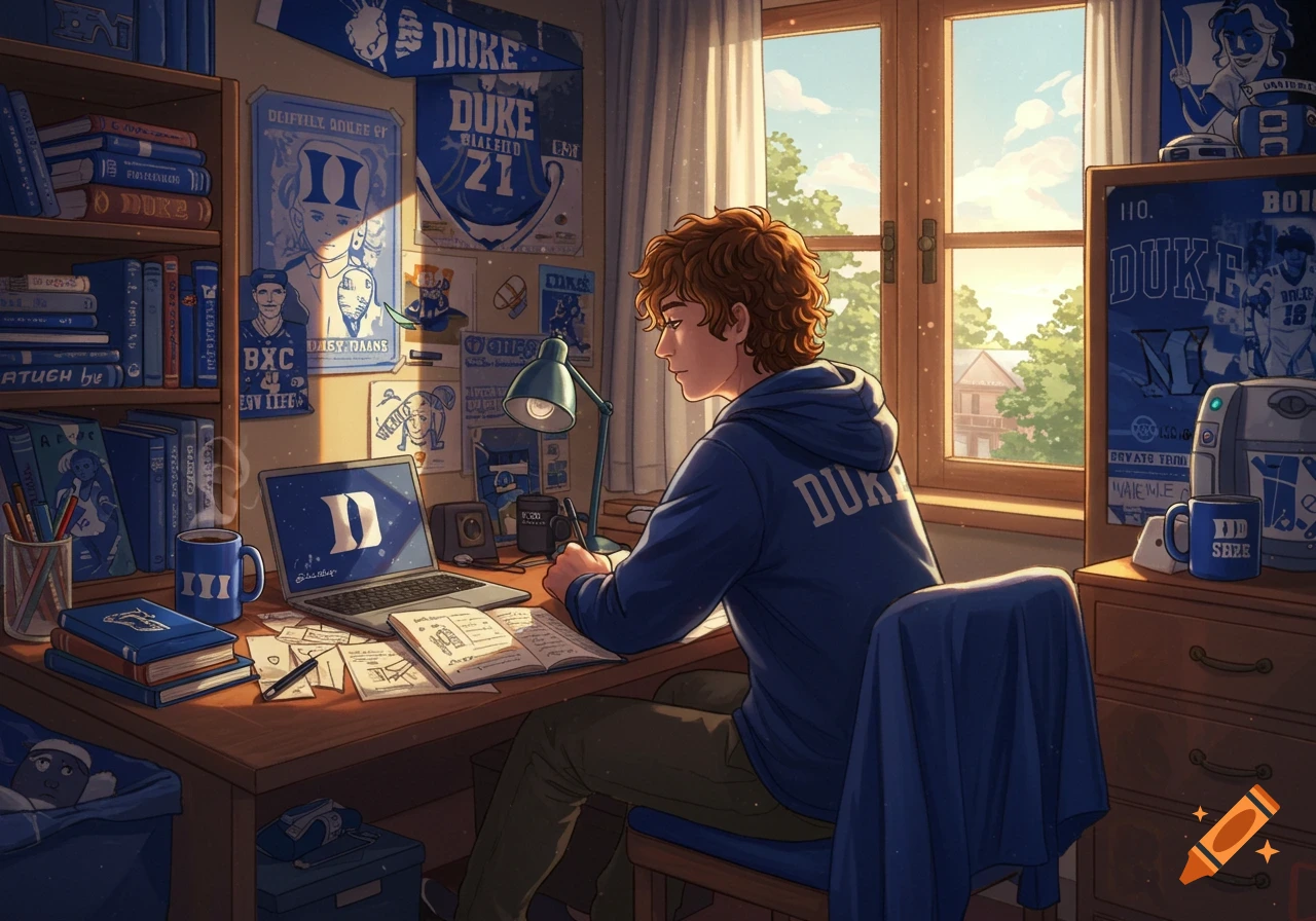 An illustrated male student with curly brown hair studies at a desk in a dorm room filled with blue Duke University memorabilia, bathed in warm sunlight from a window.