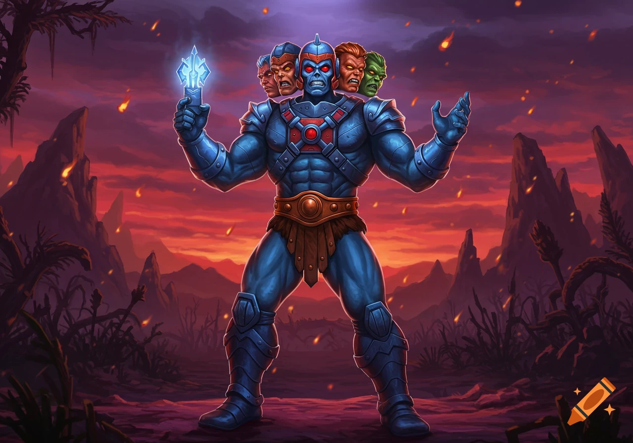 Man-E-Faces, a multi-headed armored warrior, holds a glowing staff amidst a fiery, purple-skied fantasy world.