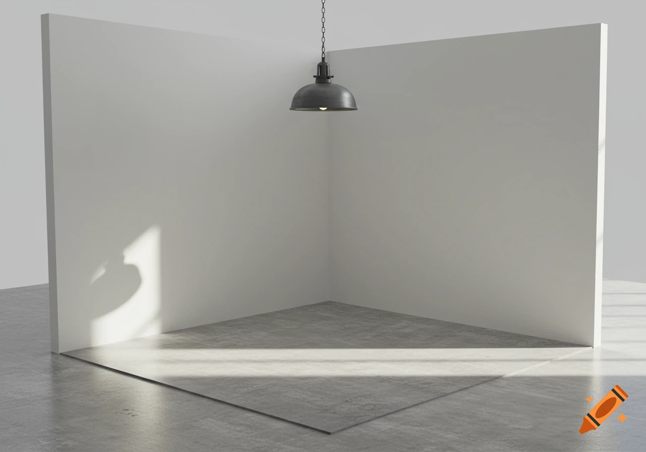 Empty room with white walls, a concrete floor, and an industrial pendant lamp, illuminated by sunlight.