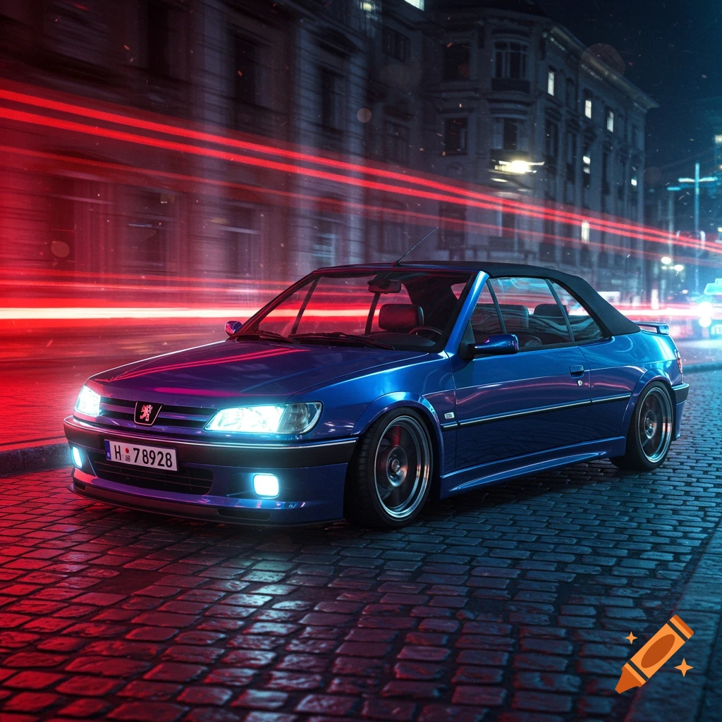 A blue Peugeot 306 convertible drives down a cobblestone city street at night, with bright red light trails blurring in the background.